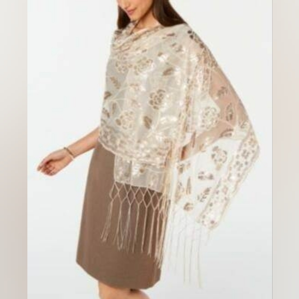 INC Women S Floral Sequin Mesh Wrap Ivory - Picture 2 of 5